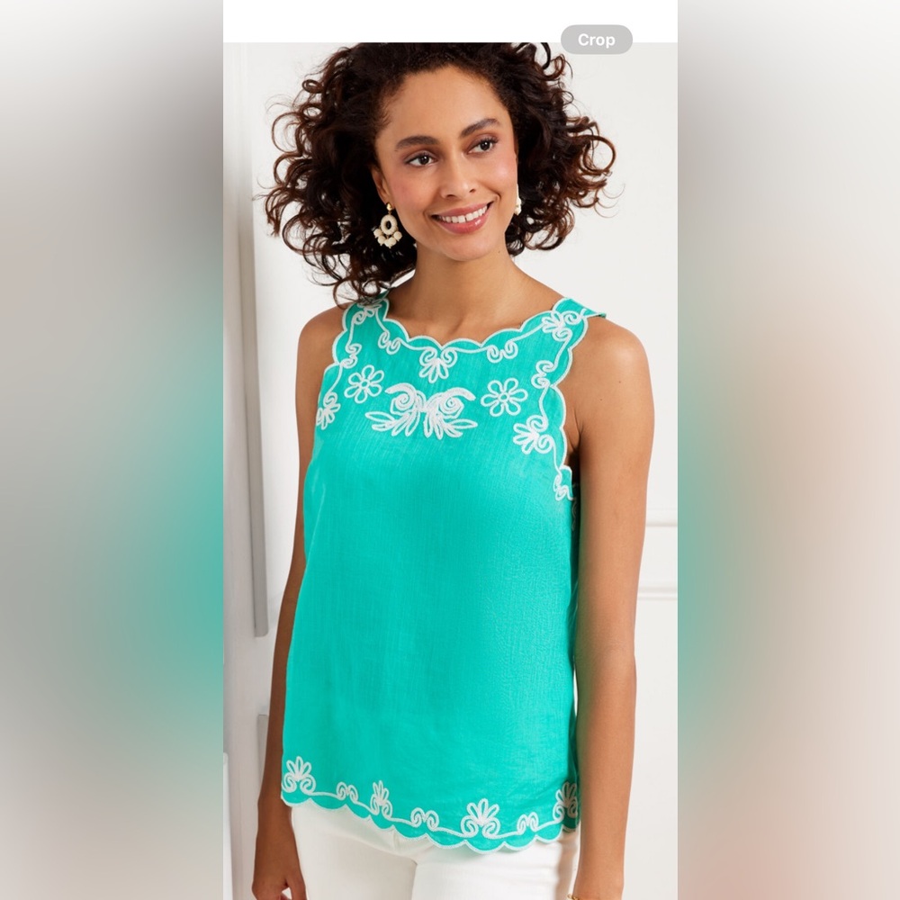 Talbots Teal White Embroidered Liner Sleeveless Top